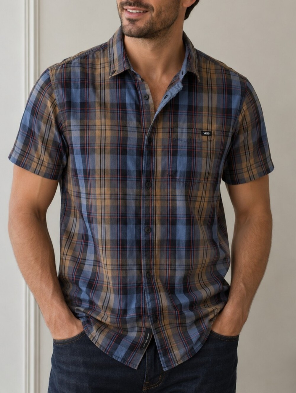 Vans Short-Sleeve Plaid Button-Up in Blue and Brown
